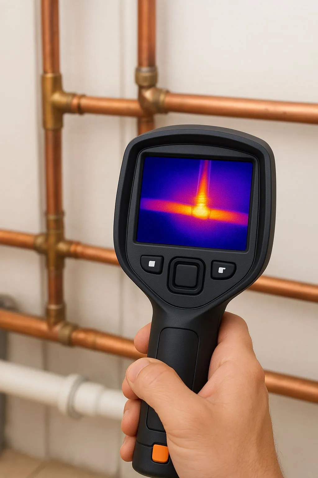 Caméra thermique en main affichant une anomalie de chaleur sur une tuyauterie en cuivre